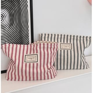 Bitabis - Applique Striped Canvas Makeup Bag / Pencil Case