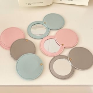 Plain Round Faux Leather Portable Mirror