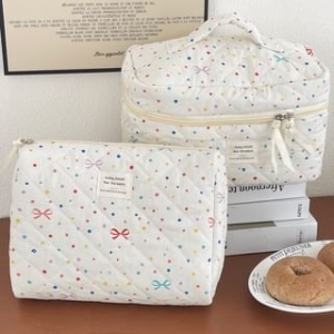 ZenlyHabit - Bow Dotted Fabric Makeup Bag / Clutch