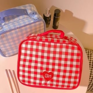 Ribbocco - Heart Plaid Fabric Makeup Bag