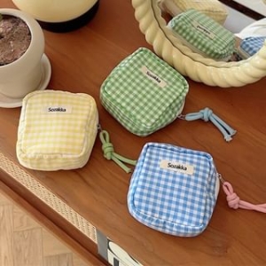 Eteum - Lettering Plaid Fabric Sanitary Pouch