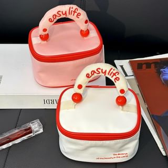 Lettering Embroidered Faux Leather Makeup Bag