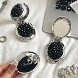 Coolkiss - Metallic Portable Mirror with Hair Brush / Bow Adhesive Decoration / Set