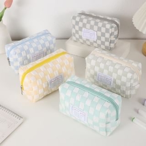 Ikiana - Lettering Applique Checker Fabric Makeup Bag