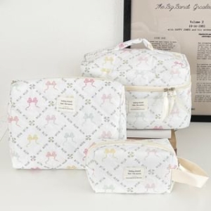 ZenlyHabit - Lettering Applique Bow Fabric Makeup Bag / Clutch