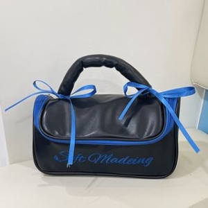 Michu - Lettering Embroidered Ribbon Faux Leather Makeup Bag