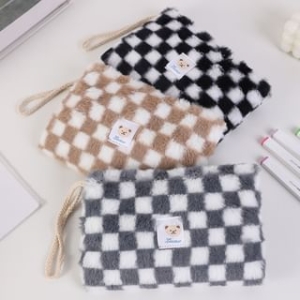 Ikiana - Bear Applique Checker Chenille Makeup Bag