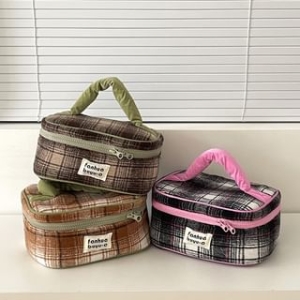 ZenlyHabit - Lettering Applique Plaid Fabric Makeup Bag